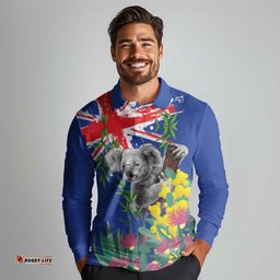 Australia Day Koala Long Sleeve Polo Shirt Aussie Aussie Aussie Oi Oi Oi Blue Color LT9
