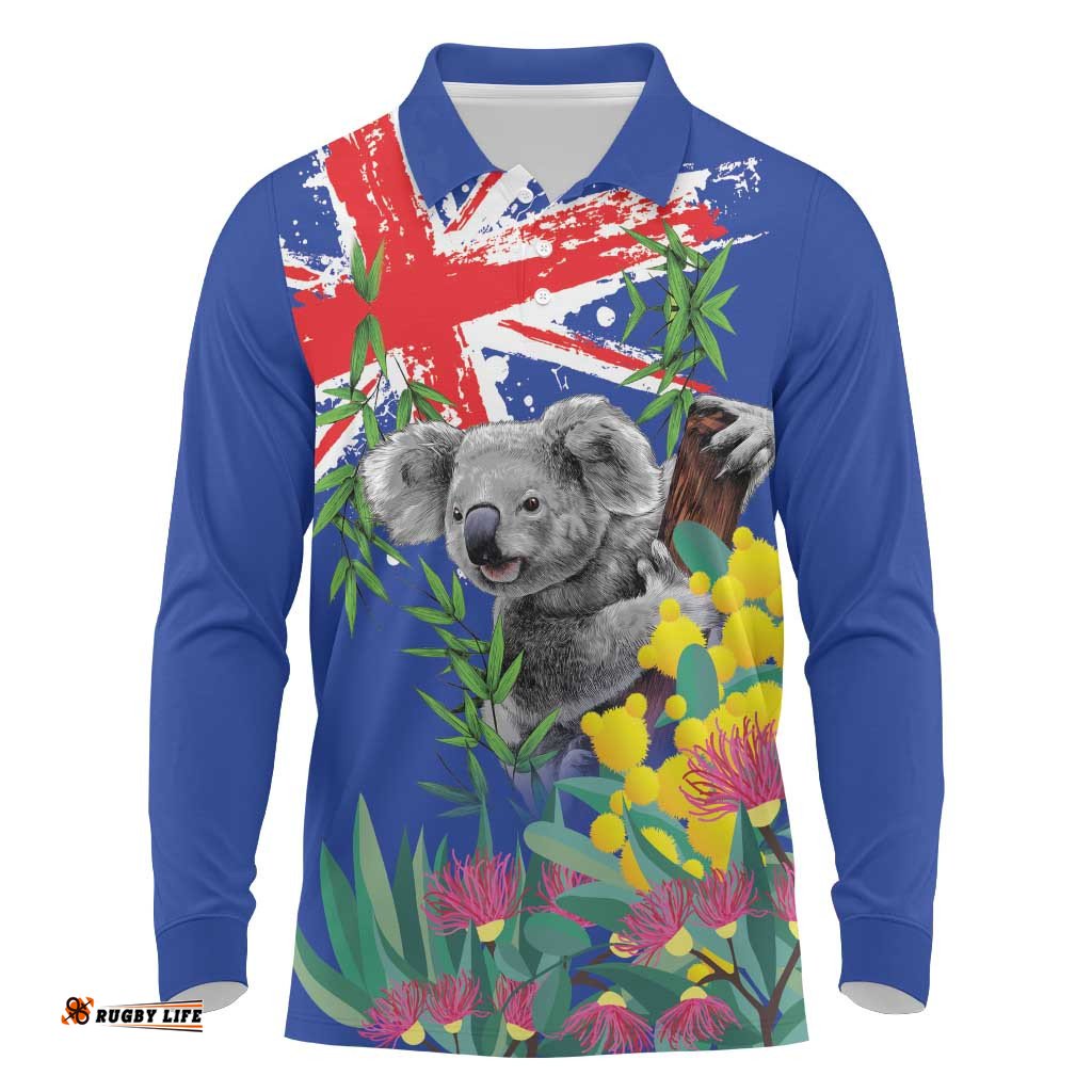 Australia Day Koala Long Sleeve Polo Shirt Aussie Aussie Aussie Oi Oi Oi Blue Color LT9