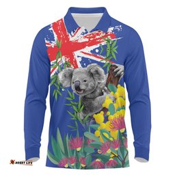 Australia Day Koala Long Sleeve Polo Shirt Aussie Aussie Aussie Oi Oi Oi Blue Color LT9