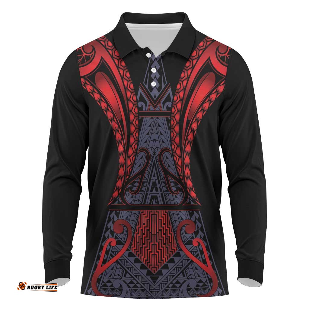 Custom New Zealand Long Sleeve Polo Shirt Maori Kiwiana Pattern Tukutuku Motif LT9