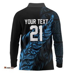 New Zealand Lawn Bowls Custom Long Sleeve Polo Shirt Blue Maori Warrior Tribal Silver Fern LT9