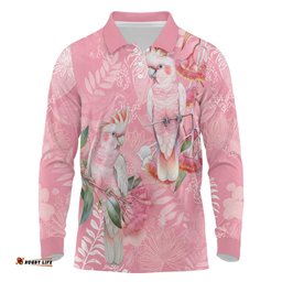 Personalised Galah Cockatoo Eucalyptus Flowers Long Sleeve Polo Shirt Australian Breast Cancer Spirit LT9