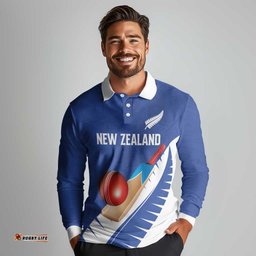 Custom New Zealand Cricket Long Sleeve Polo Shirt Kiwi Birds Haka Dance Blue Fern Sporty Style LT03