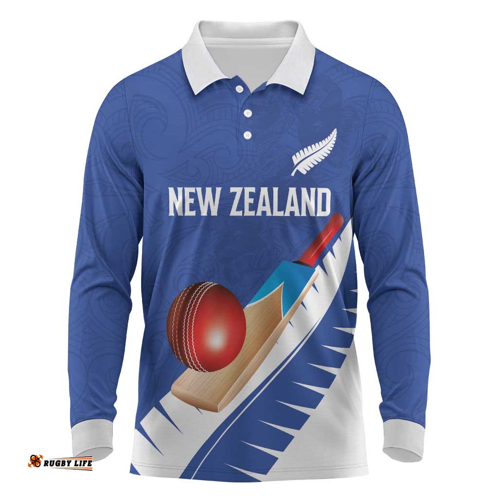 Custom New Zealand Cricket Long Sleeve Polo Shirt Kiwi Birds Haka Dance Blue Fern Sporty Style LT03