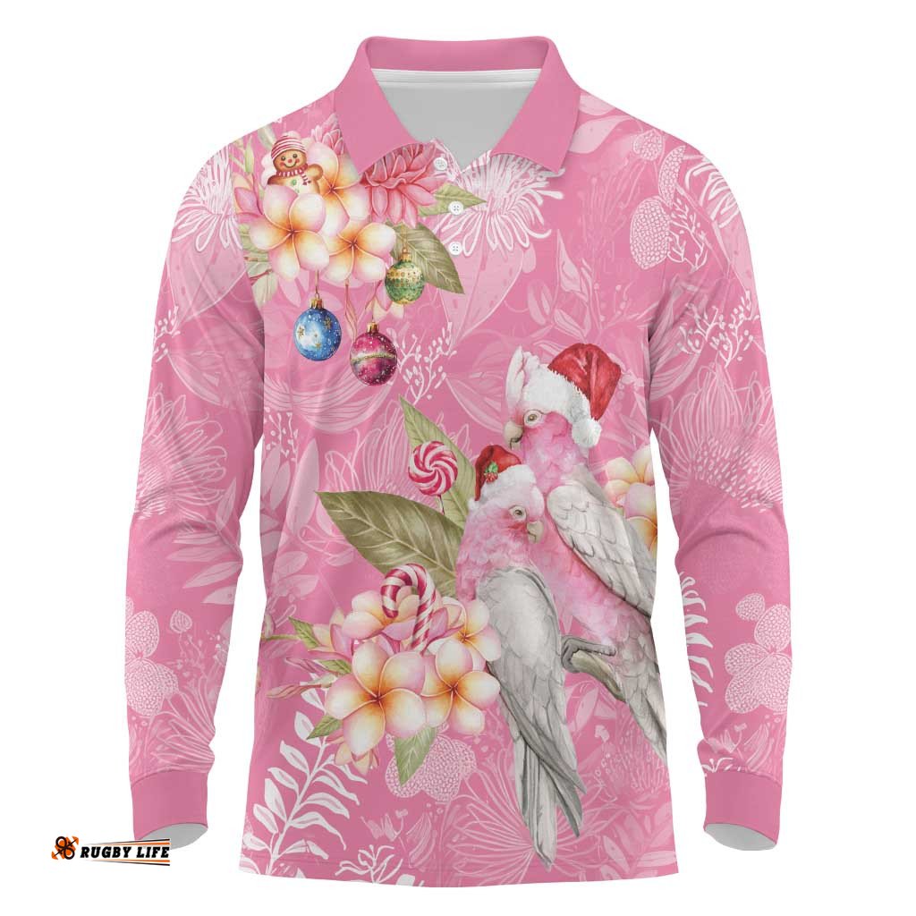 Joyful Pink Cockatoo Long Sleeve Polo Shirt Australia Christmas Vibes LT9