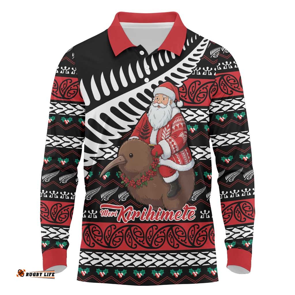 New Zealand Kiwi Santa Christmas Long Sleeve Polo Shirt He Wairua Kirihimete LT9