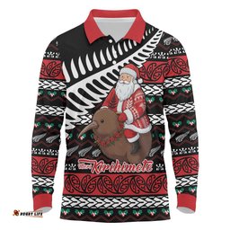 New Zealand Kiwi Santa Christmas Long Sleeve Polo Shirt He Wairua Kirihimete LT9