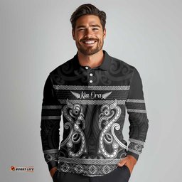 Kia Ora New Zealand Long Sleeve Polo Shirt Maori Language Week Pango Taniko Motif LT14
