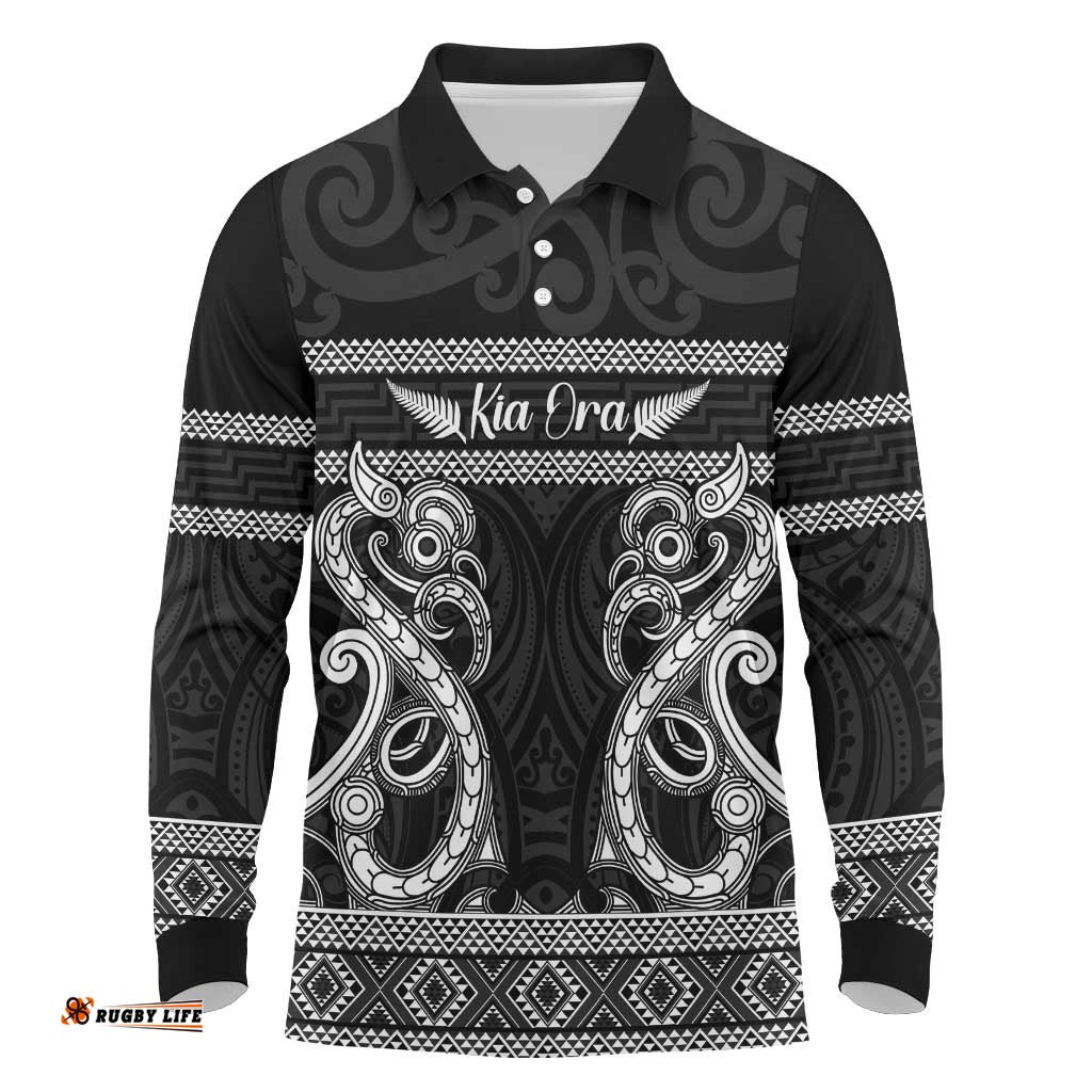 Kia Ora New Zealand Long Sleeve Polo Shirt Maori Language Week Pango Taniko Motif LT14