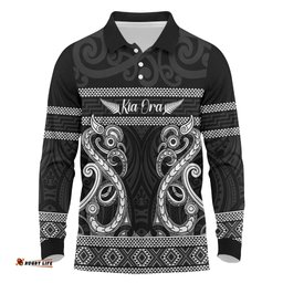 Kia Ora New Zealand Long Sleeve Polo Shirt Maori Language Week Pango Taniko Motif LT14