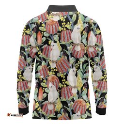Little Corella Australia Cockatoo Long Sleeve Polo Shirt Cacatua Sanguinea Banksia Seamless Black LT14