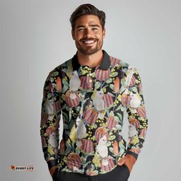 Little Corella Australia Cockatoo Long Sleeve Polo Shirt Cacatua Sanguinea Banksia Seamless Black LT14