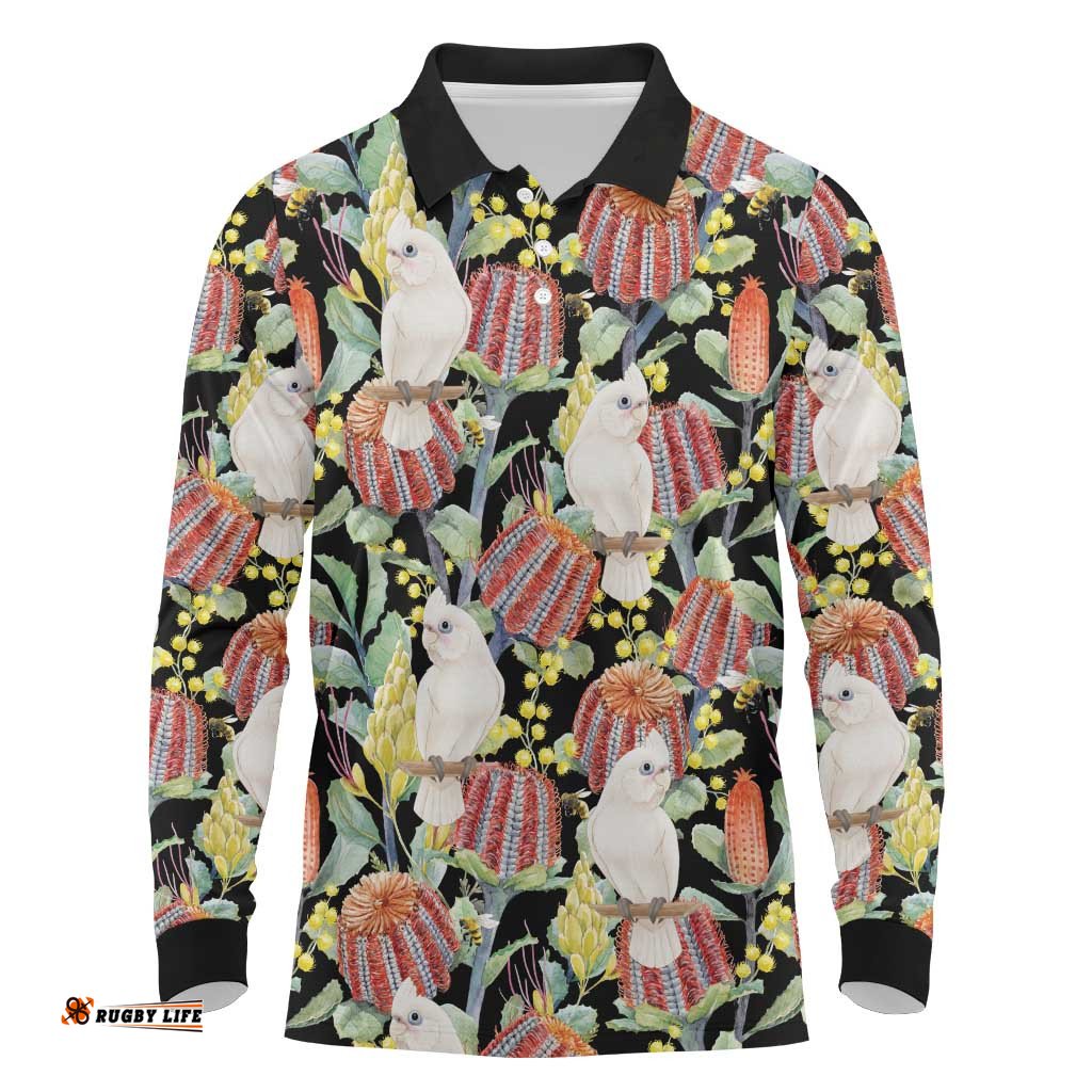 Little Corella Australia Cockatoo Long Sleeve Polo Shirt Cacatua Sanguinea Banksia Seamless Black LT14