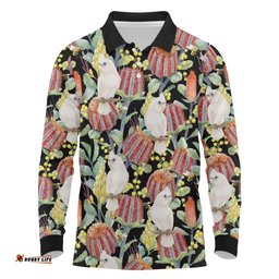 Little Corella Australia Cockatoo Long Sleeve Polo Shirt Cacatua Sanguinea Banksia Seamless Black LT14