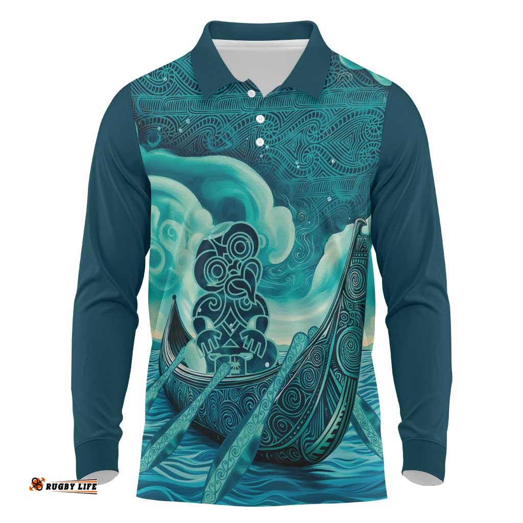 Personalised New Zealand Waitangi Day Long Sleeve Polo Shirt Hei Tiki With Maori Waka - Whakarare Pattern LT14
