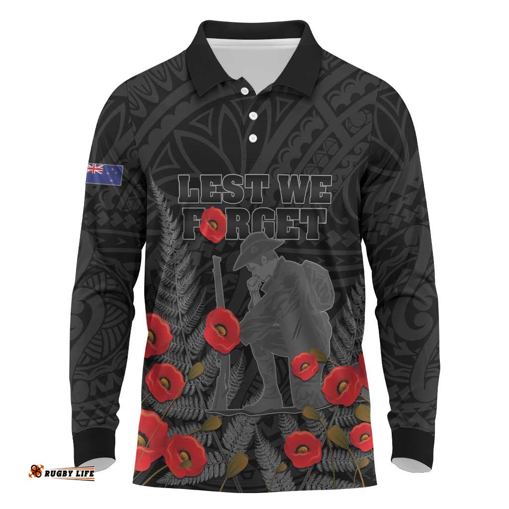 Personalised New Zealand ANZAC Day Long Sleeve Polo Shirt Lest We Forget Soldier Memorial LT15