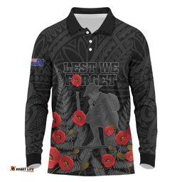 Personalised New Zealand ANZAC Day Long Sleeve Polo Shirt Lest We Forget Soldier Memorial LT15