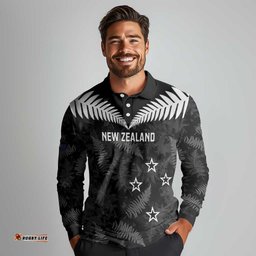 Custom New Zealand Silver Fern Football Long Sleeve Polo Shirt Go Aotearoa Grunge Black LT14