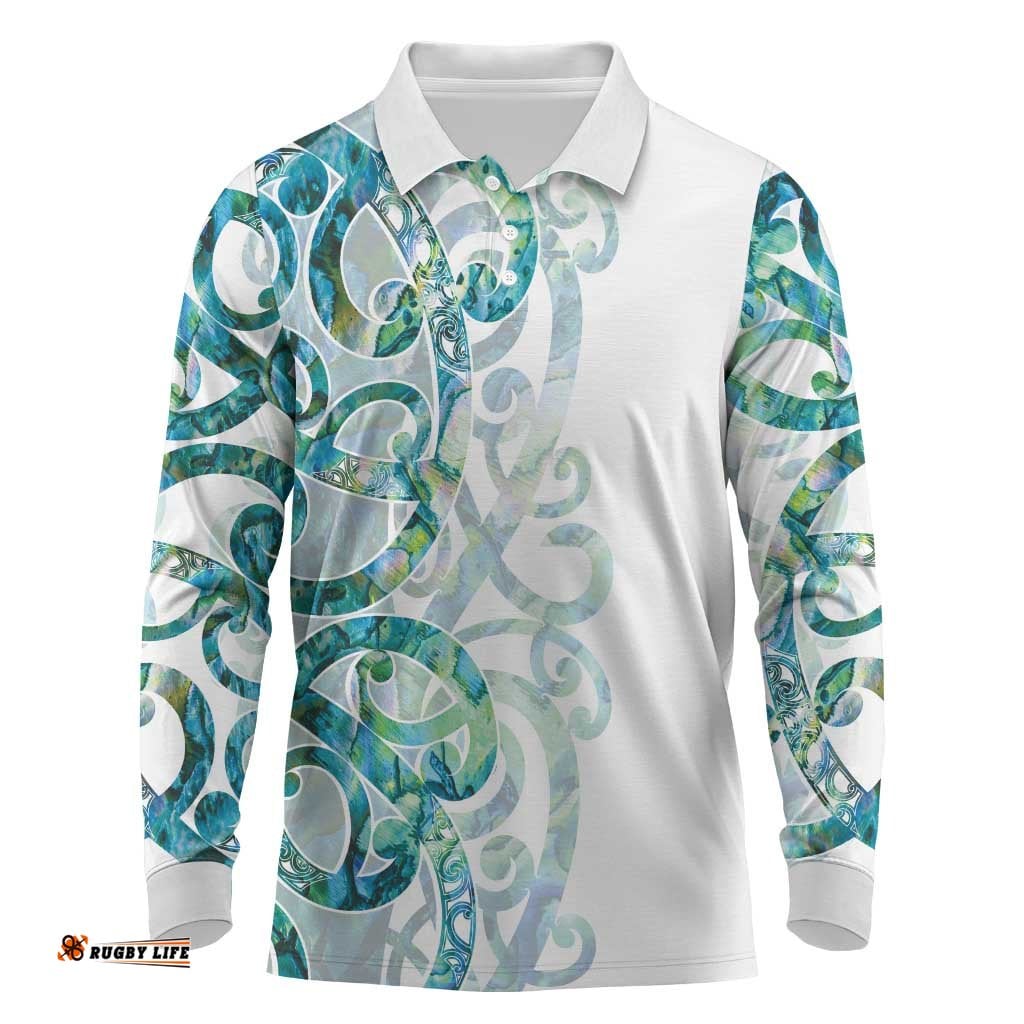 Paua Shell Maori Long Sleeve Polo Shirt Koru Kowhaiwhai LT7