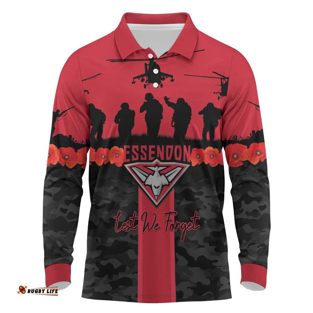 Personalised Essendon Football ANZAC Day Long Sleeve Polo Shirt Bombers Poppy Lest We Forget LT14