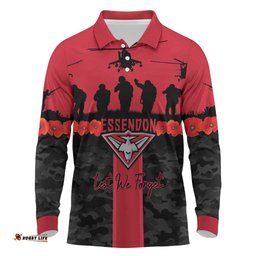 Personalised Essendon Football ANZAC Day Long Sleeve Polo Shirt Bombers Poppy Lest We Forget LT14
