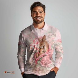 Personalised Breast Cancer Awareness Long Sleeve Polo Shirt Mother Kangaroo And Ribbon Hope DT05