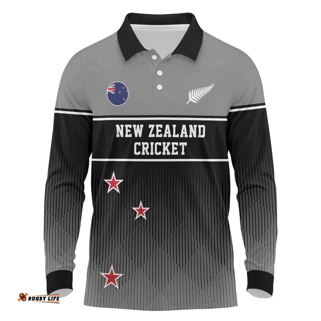 Custom New Zealand Cricket Long Sleeve Polo Shirt Black Cap Unbeatable LT05
