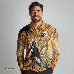 Personalised Australia Magpie NAIDOC Week 2026 Long Sleeve Polo Shirt 50 Years of Deadly Aboriginal Art LT14