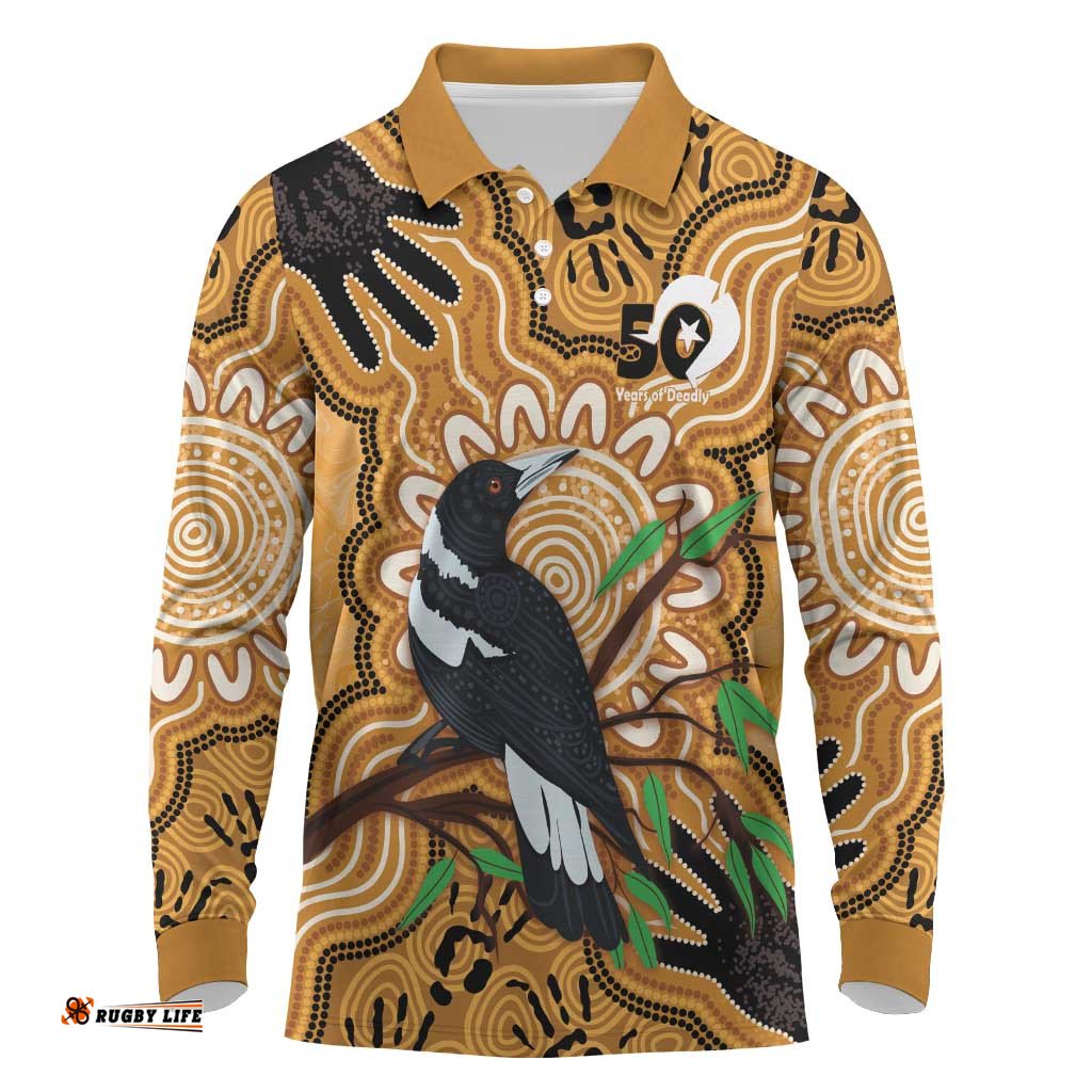 Personalised Australia Magpie NAIDOC Week 2026 Long Sleeve Polo Shirt 50 Years of Deadly Aboriginal Art LT14