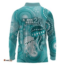 NAIDOC Deadly 50 Years Long Sleeve Polo Shirt Jellyfish Aboriginal Culture Inspired Turquoise LT9