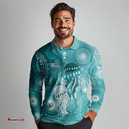 NAIDOC Deadly 50 Years Long Sleeve Polo Shirt Jellyfish Aboriginal Culture Inspired Turquoise LT9