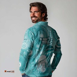 NAIDOC Deadly 50 Years Long Sleeve Polo Shirt Jellyfish Aboriginal Culture Inspired Turquoise LT9