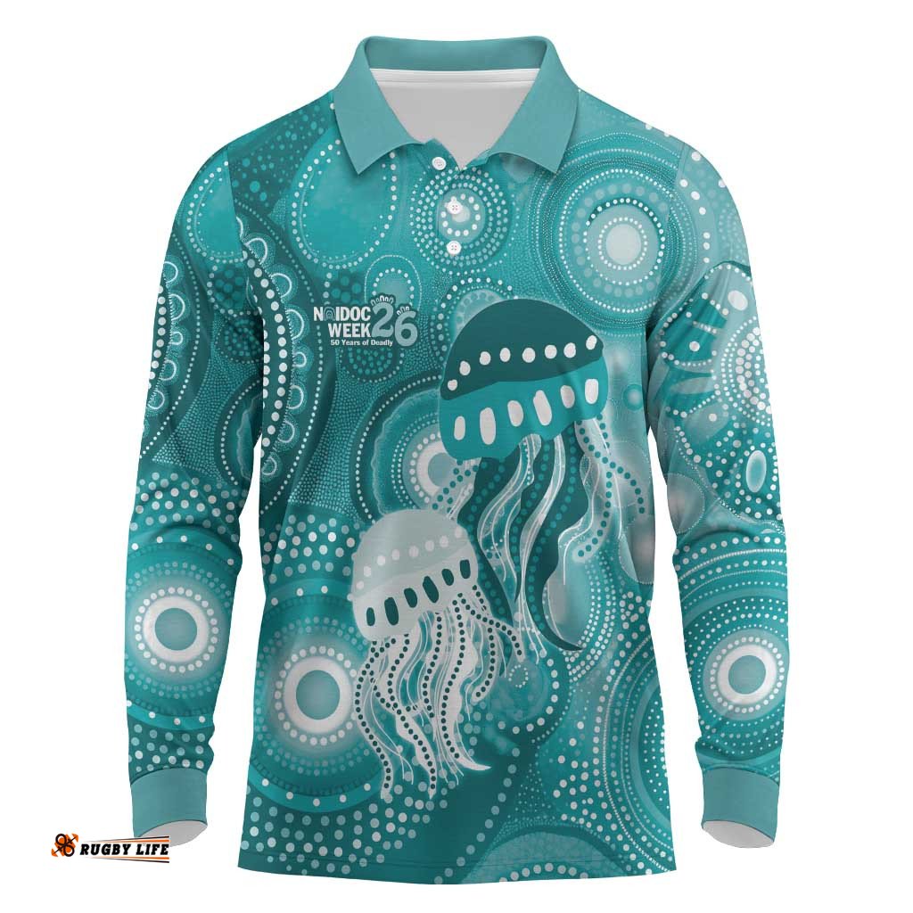 NAIDOC Deadly 50 Years Long Sleeve Polo Shirt Jellyfish Aboriginal Culture Inspired Turquoise LT9