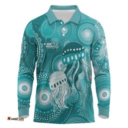 NAIDOC Deadly 50 Years Long Sleeve Polo Shirt Jellyfish Aboriginal Culture Inspired Turquoise LT9