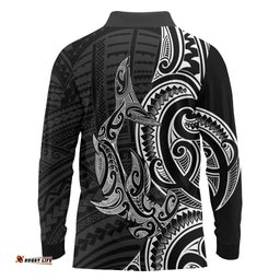 New Zealand Hammerhead Shark Long Sleeve Polo Shirt Maori Haehae Mangopare Black LT14