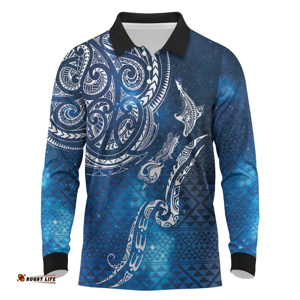 Matariki Galaxy Long Sleeve Polo Shirt New Zealand Map Maori Pattern LT9