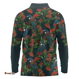 New Zealand Christmas Long Sleeve Polo Shirt Romantic Tui Birds on Pohutukawa - Cobalt LT7