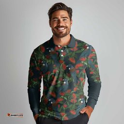 New Zealand Christmas Long Sleeve Polo Shirt Romantic Tui Birds on Pohutukawa - Cobalt LT7