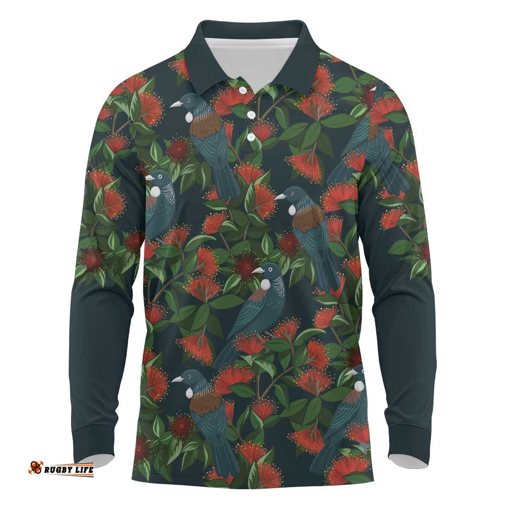 New Zealand Christmas Long Sleeve Polo Shirt Romantic Tui Birds on Pohutukawa - Cobalt LT7