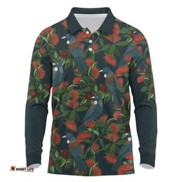 New Zealand Christmas Long Sleeve Polo Shirt Romantic Tui Birds on Pohutukawa - Cobalt LT7