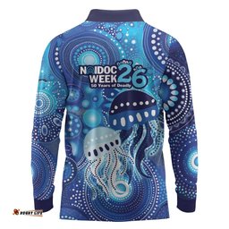 NAIDOC Deadly 50 Years Long Sleeve Polo Shirt Jellyfish Aboriginal Culture Inspired Blue LT9