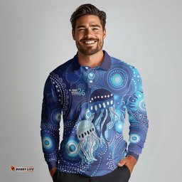 NAIDOC Deadly 50 Years Long Sleeve Polo Shirt Jellyfish Aboriginal Culture Inspired Blue LT9