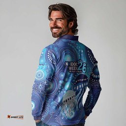 NAIDOC Deadly 50 Years Long Sleeve Polo Shirt Jellyfish Aboriginal Culture Inspired Blue LT9
