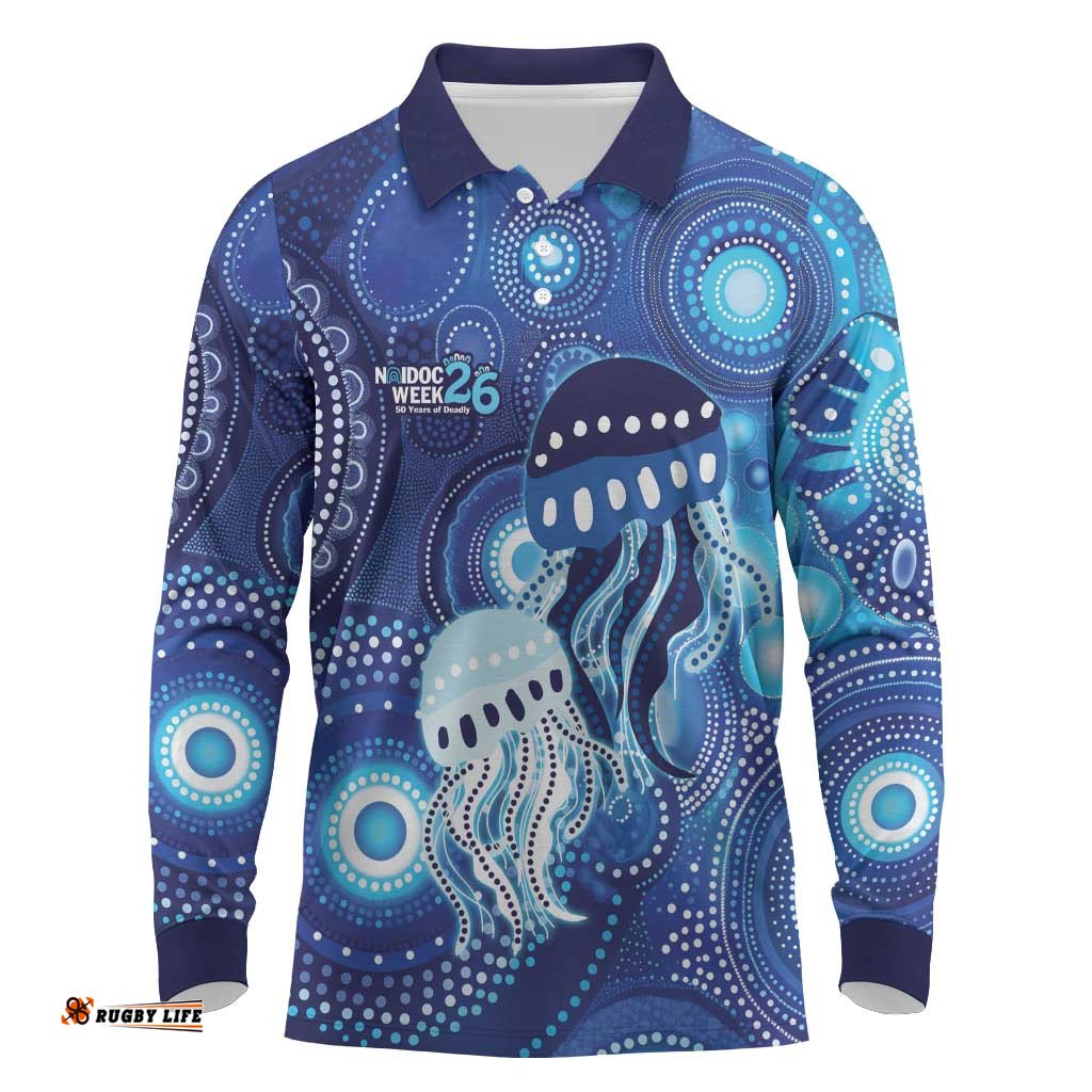 NAIDOC Deadly 50 Years Long Sleeve Polo Shirt Jellyfish Aboriginal Culture Inspired Blue LT9