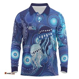 NAIDOC Deadly 50 Years Long Sleeve Polo Shirt Jellyfish Aboriginal Culture Inspired Blue LT9