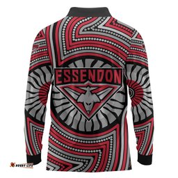 Essendon Football Club Long Sleeve Polo Shirt Indigenous Monochrome Dot Art Mascot Style TS04