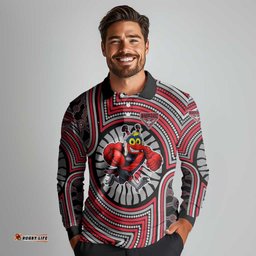 Essendon Football Club Long Sleeve Polo Shirt Indigenous Monochrome Dot Art Mascot Style TS04