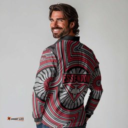 Essendon Football Club Long Sleeve Polo Shirt Indigenous Monochrome Dot Art Mascot Style TS04