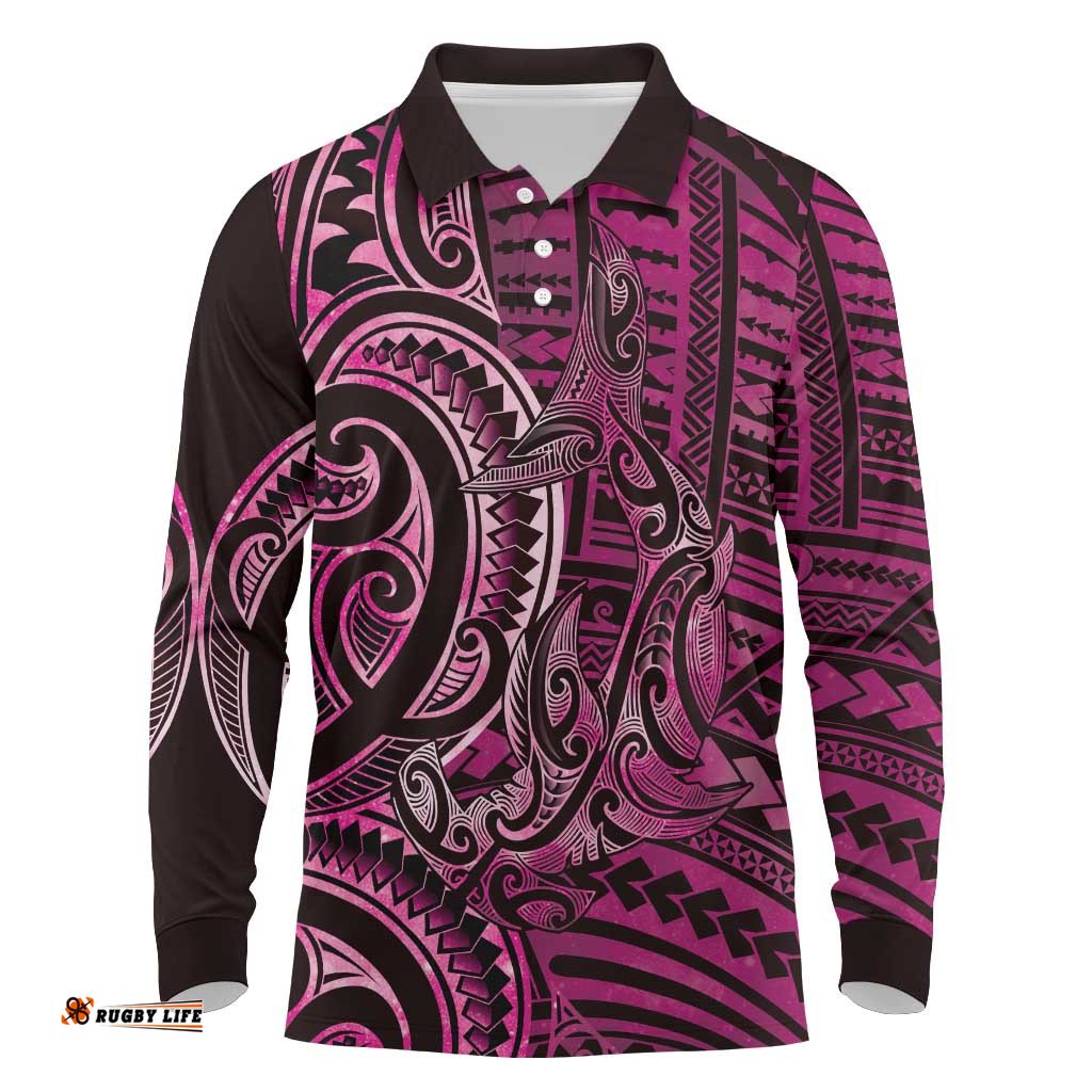 New Zealand Hammerhead Shark Long Sleeve Polo Shirt Maori Haehae Mangopare Pink LT14