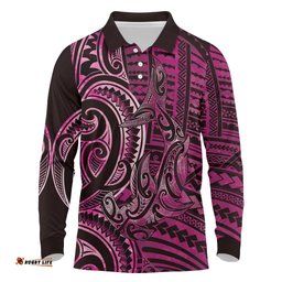 New Zealand Hammerhead Shark Long Sleeve Polo Shirt Maori Haehae Mangopare Pink LT14